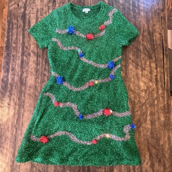 Love & Let Love Dress Women M Ugly Christmas Tinsel Fit Flare Light Up Xmas Tree - Picture 5 of 15